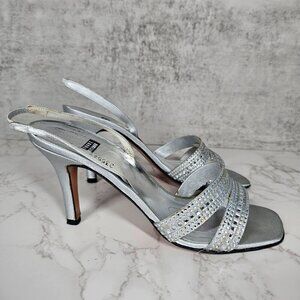 Stuart Weitzman Vintage Silver Leather Crystal Beaded Sling Back Heels Women 8B‎